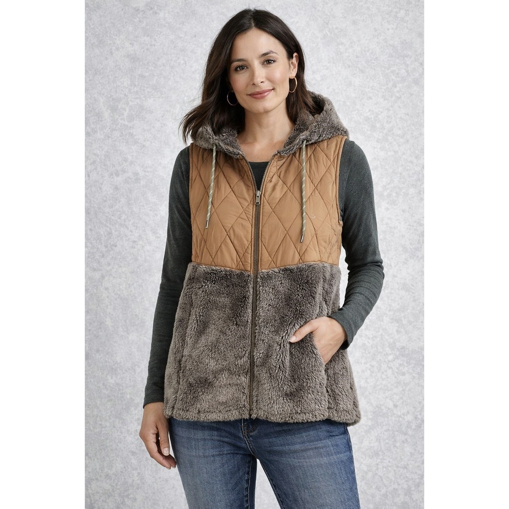 KUHL Hooded Fleece Vest Women Small Brown Quilted Full Zip